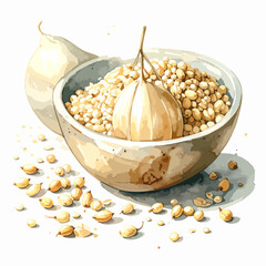 Gourd bowl filled with grains and a single bulb.