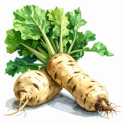 Two sugar beets with green leaves, watercolor illustration.