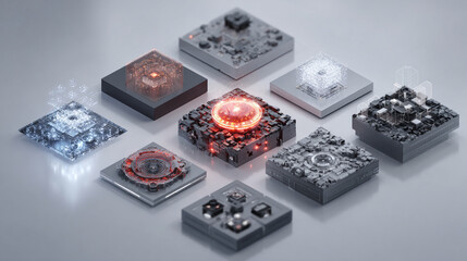 Abstract isometric user interface design with glowing digital blocks on a minimal background, representing business systems, global networks, big data, and smart app concepts in 3D.
