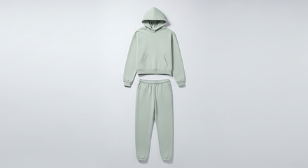 Light green hooded sweatshirt and sweatpants set isolated on white background