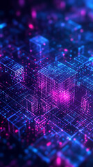 Abstract isometric user interface design with glowing digital blocks on a minimal background, representing business systems, global networks, big data, and smart app concepts in 3D.
