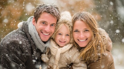 Obraz premium Family smiling together in snowy outdoor winter scene 
