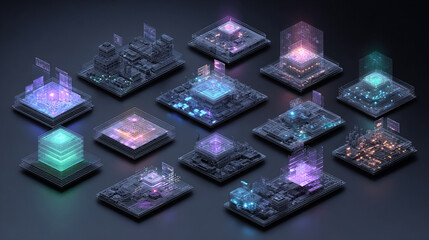 Abstract isometric user interface design with glowing digital blocks on a minimal background, representing business systems, global networks, big data, and smart app concepts in 3D.
