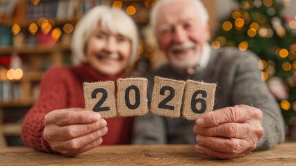 Elderly couple smiling and holding 2026 sign in a Christmas setting