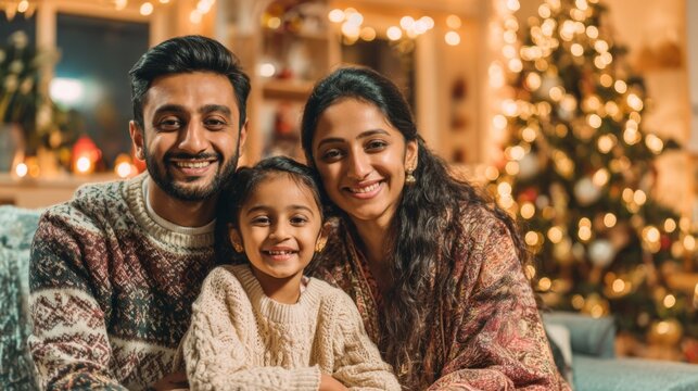 Indian family smiling together in cozy living room with Christmas tree  