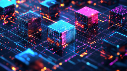 Abstract isometric user interface design with glowing digital blocks on a minimal background, representing business systems, global networks, big data, and smart app concepts in 3D.
