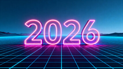 Illuminated 2026 sign set against a futuristic grid background. 
