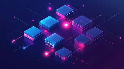 Abstract isometric user interface design with glowing digital blocks on a minimal background, representing business systems, global networks, big data, and smart app concepts in 3D.
