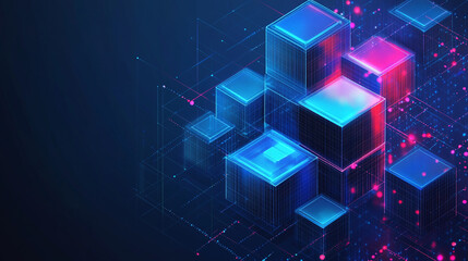 Abstract isometric user interface design with glowing digital blocks on a minimal background, representing business systems, global networks, big data, and smart app concepts in 3D.
