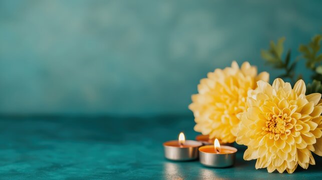 Yellow chrysanthemum flowers with burning tealight candles creating a serene atmosphere on a blue green background, suggesting spa and meditation - Powered by Adobe