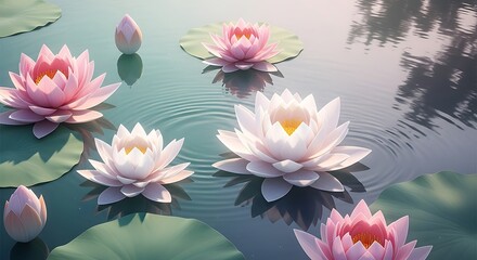 Serene Pink and White Water Lilies Floating on Calm Water with Ripples and Lily Pads