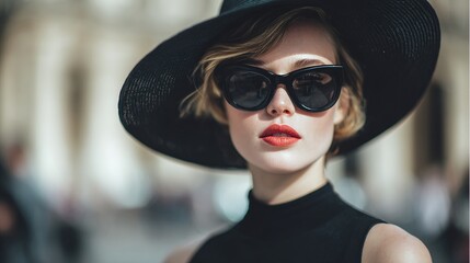 Elegant woman in oversized sunglasses and a wide-brimmed hat, red lips, blurred background