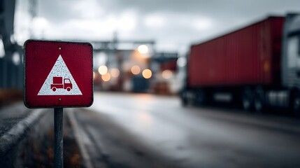 A red warning sign with a truck symbol stands by a road in an industrial area with a large shipping container truck in the background