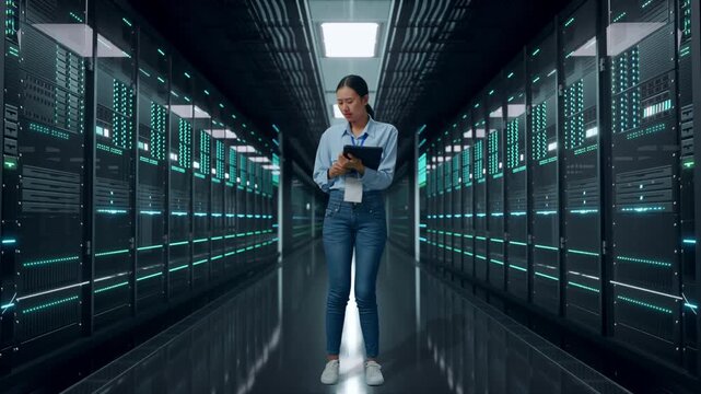 Full Body Of Asian Female With Her Tablet In Server Room Data Center, Typing And Dissapionted With Nodding Her Shead 