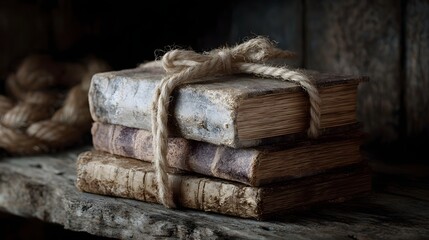 A stack of three antique books bound with rough twine rests on a weathered rustic wooden shelf with vintage library lighting