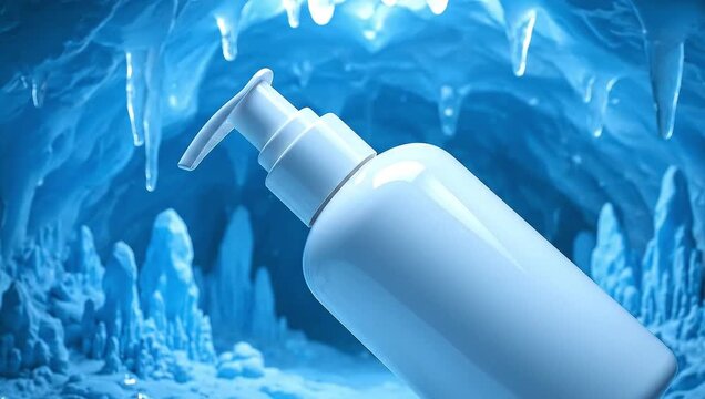 Polished white pump bottle mockup floating with icy blue reflections
