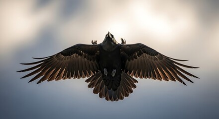 Obraz premium Majestic Raven in Flight Against a Cloudy Sky, Viewed From Below with Wings Spread Wide