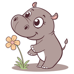 Fototapeta premium Cute baby hippo cartoon illustration holding a small flower in a joyful scene vector graphic