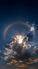 Halo around the sun with sunbeams shining through the clouds in a blue sky, creating a beautiful and ethereal atmosphere with a sense of wonder and awe