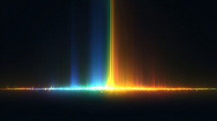 Abstract light pillars of various colors emerge from a shimmering ground, set against a dark background