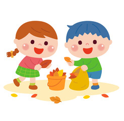 落ち葉拾いをする子どもたちのイラスト