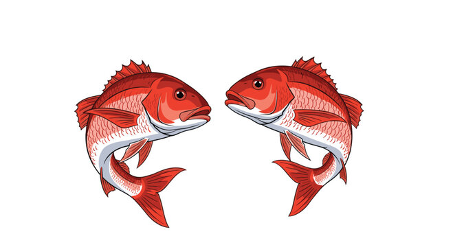 Two vibrant red snapper fish swimming symmetrically.