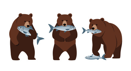 Fototapeta premium Three bears standing and holding fish in their mouths.