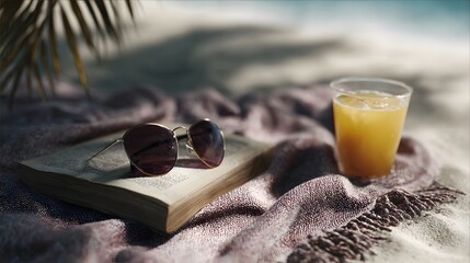 Relaxing summer vacation scene with a book sunglasses and juice on a beach blanket