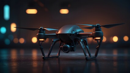 Black modern quadcopter drone resting on reflective surface in dimly lit environment with bokeh lights. Technology concept