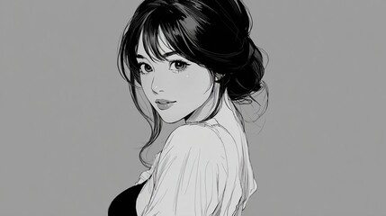 A black and white anime style portrait of a woman with dark hair looking over her shoulder, smiling