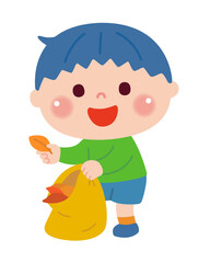 落ち葉拾いをする男の子のイラスト