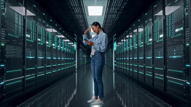 Full Body Side View Of Asian Female With Her Phone In Server Room Data Center, She Is Nodding Her Shead With Dissapionted