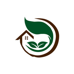 Sustainable home and nature logo symbolizing eco-friendly living, green property, and environmental care. The design uses earthy tones and a leaf motif.