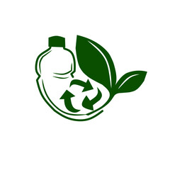 A green icon showing a bottle outline, recycling arrows, and leaves, symbolizing plastic waste management, sustainability, and biodegradable packaging. Focus on eco-friendly cycles.