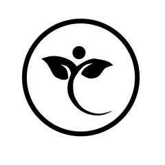 A black circular logo showing a human figure with a head and leaf-shaped arms, symbolizing natural health, wellness, and freedom. It represents organic balance.