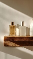 Sunlight casts shadows on two perfume bottles displayed on a rustic wooden shelf against a textured white wall, creating a warm and inviting ambiance