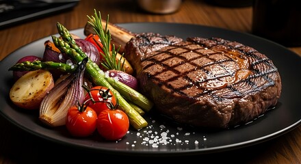 Gourmet Ribeye Steak with Grilled Vegetables and Fresh Herbs on a Plate