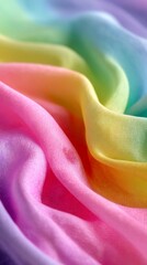 Closeup of flowing pastel rainbow fabric creating soft and dreamy texture with pink, yellow, blue, and purple hues in vertical orientation