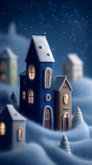 A whimsical winter village scene with snowcovered houses, evoking a sense of cozy charm and holiday magic, set against a serene, moonlit night landscape