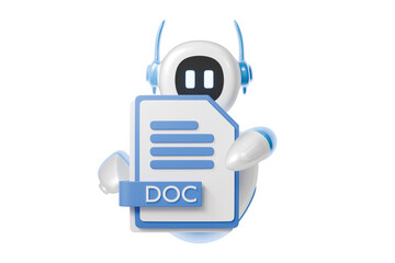 3d robot holding doc file icon. document management concept. Minimal cartoon doc word file bot mascot for app banner and website header. isolated on white background. 3d render.