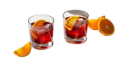 Two Refreshing Cocktails with Orange Garnish and Ice Cubes on a White Surface