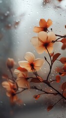 Magnolia branch with orange flowers and leaves behind a window covered in raindrops, creating a soft and dreamy atmosphere with a shallow depth of field