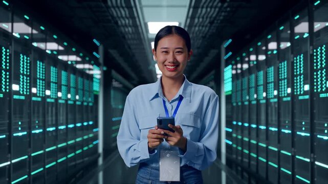 Asian Female With Her Smarphone In Server Room Data Center, She Is Looking At The Camera With A Smile