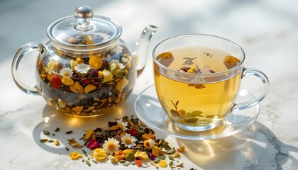 Warm tea with colorful flowers