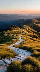 A winding stone path leads through golden grasslands towards distant mountains under a vibrant sunset sky, creating a serene and picturesque landscape