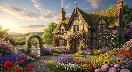 Cottage garden flowers english country house landscape floral summer spring architecture home exterior idyllic