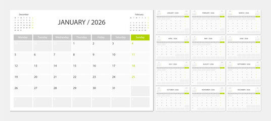 Calendar 2026 week start Monday corporate design planner template.