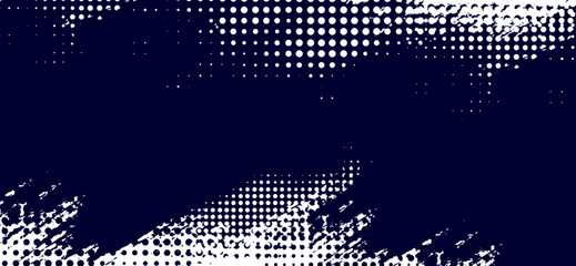 Abstract background features halftone dots and distressed brush strokes in white over a dark blue field, creating a visually dynamic and textured artistic backdrop element