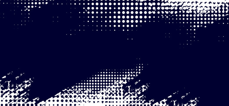 Abstract background features halftone dots and distressed brush strokes in white over a dark blue field, creating a visually dynamic and textured artistic backdrop element