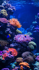 Fototapeta premium Vibrant blue coral reef in an ocean aquarium, showcasing marine life and underwater scenery, perfect for aquatic, nature, and environmental design visuals. 